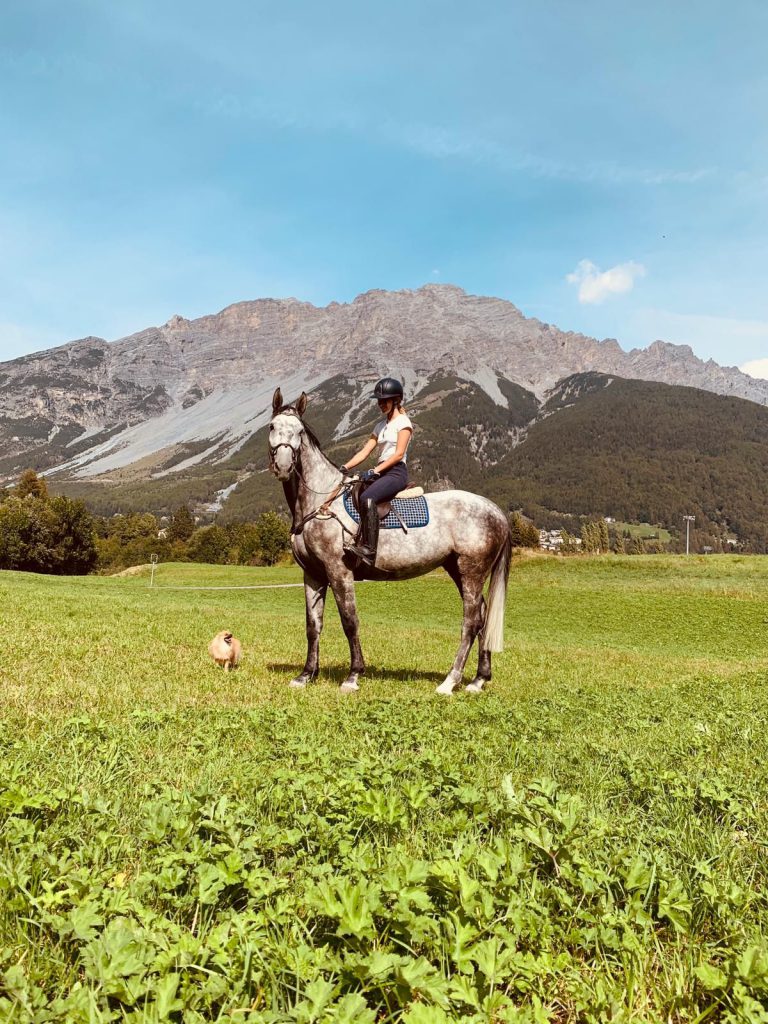 in sella ad un cavallo con la sfondo della bellissima montagna